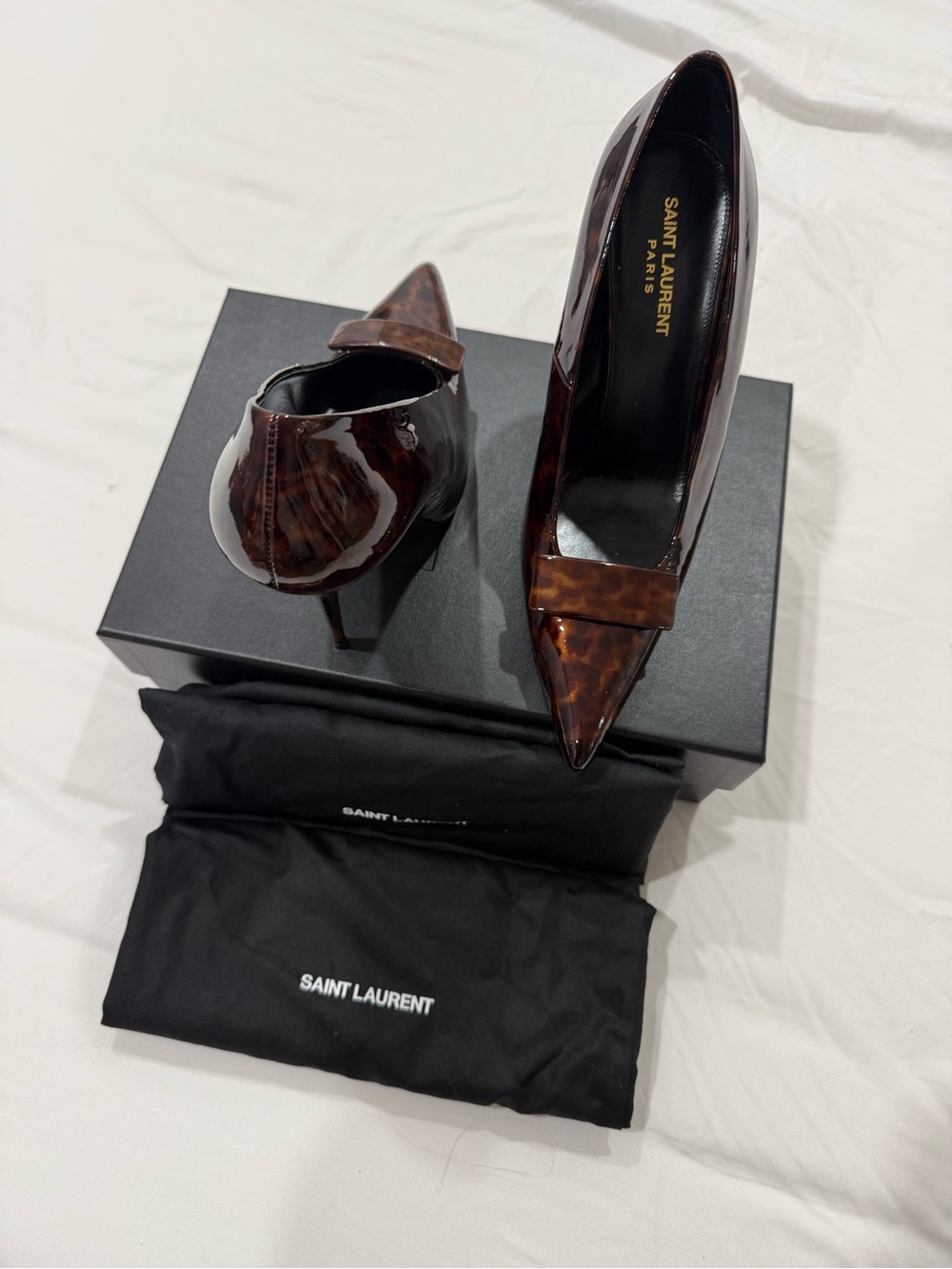Saint Laurent Brown Tortoiseshell Patent Pointed-Toe Pumps